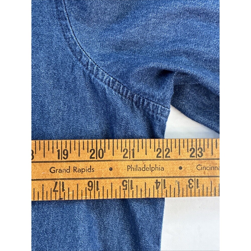 Vtg 90s Y2K Bobbie Brooks Denim Shirt Sz L Blue Floral Embroidery Red Plaid Trim - Picture 6 of 13